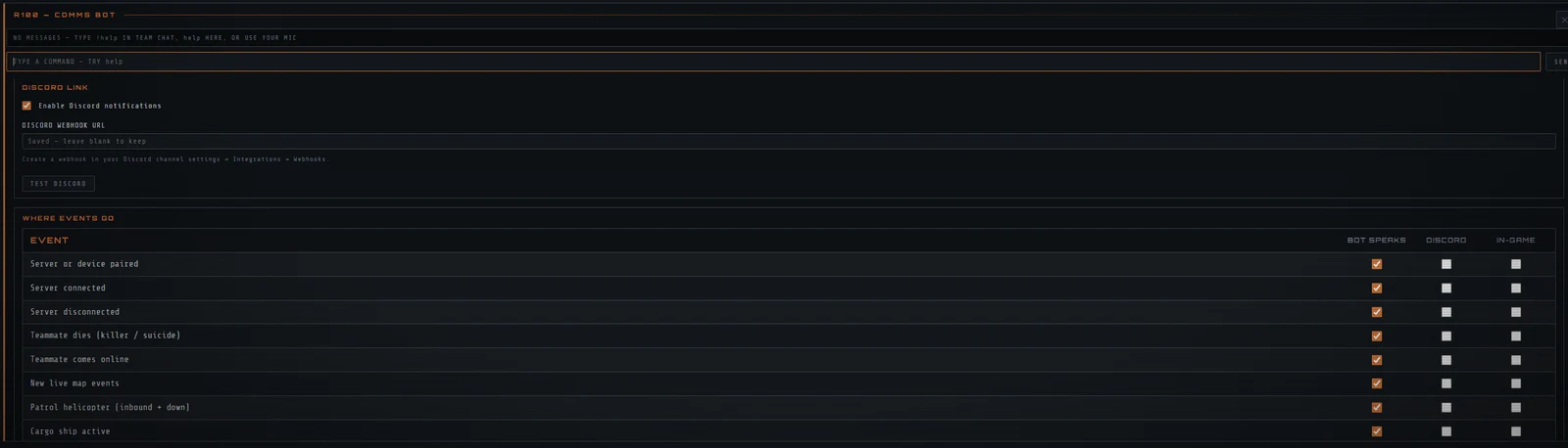 The R100 comms bot panel, with a Discord webhook link and a routing table sending pairing, connection, teammate death, patrol helicopter and cargo ship events to the bot, Discord or in-game chat.
