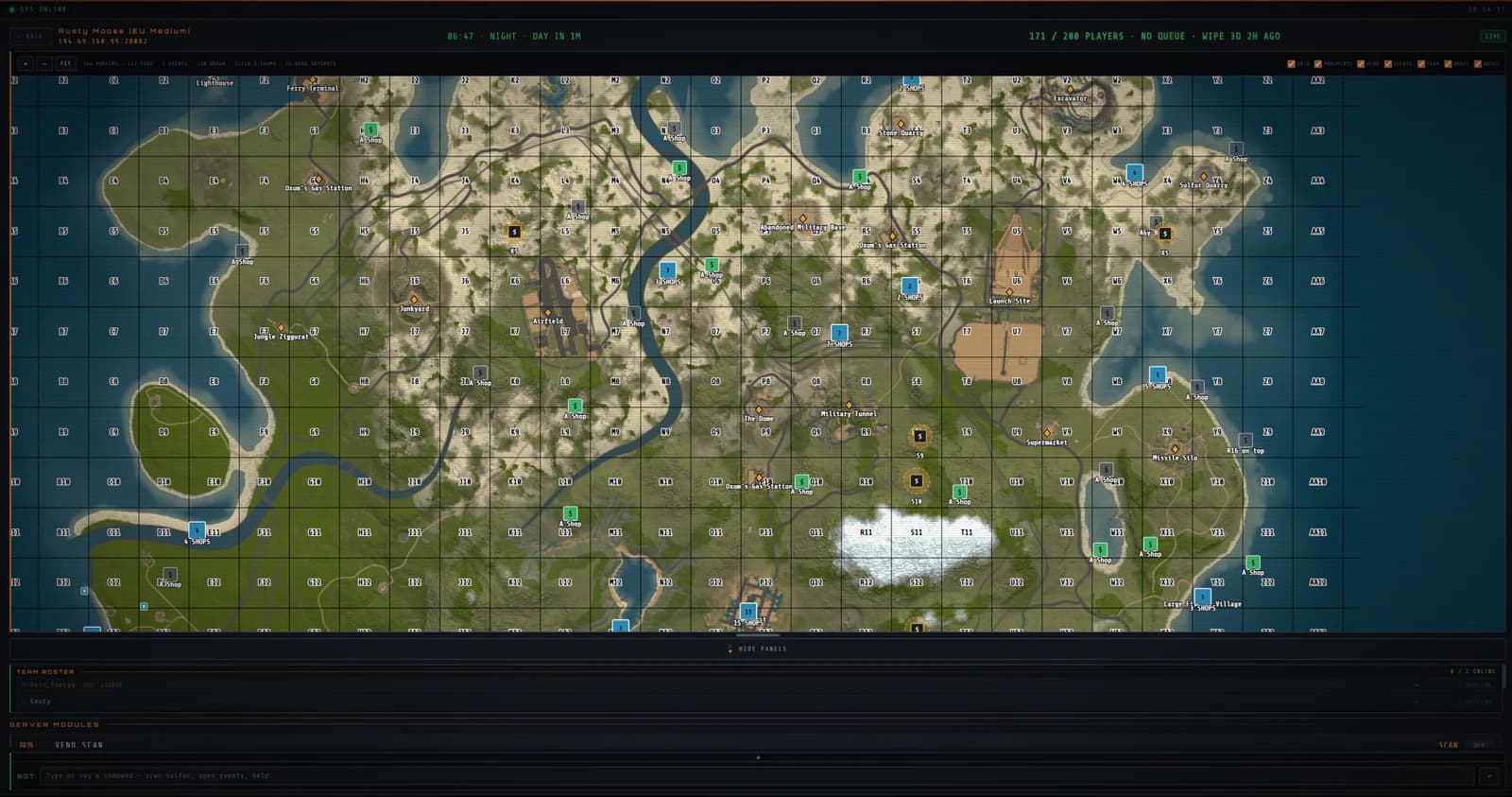 The RustPocket live map of a 200-player server, showing monuments, vending machines, ore hotspots and events.